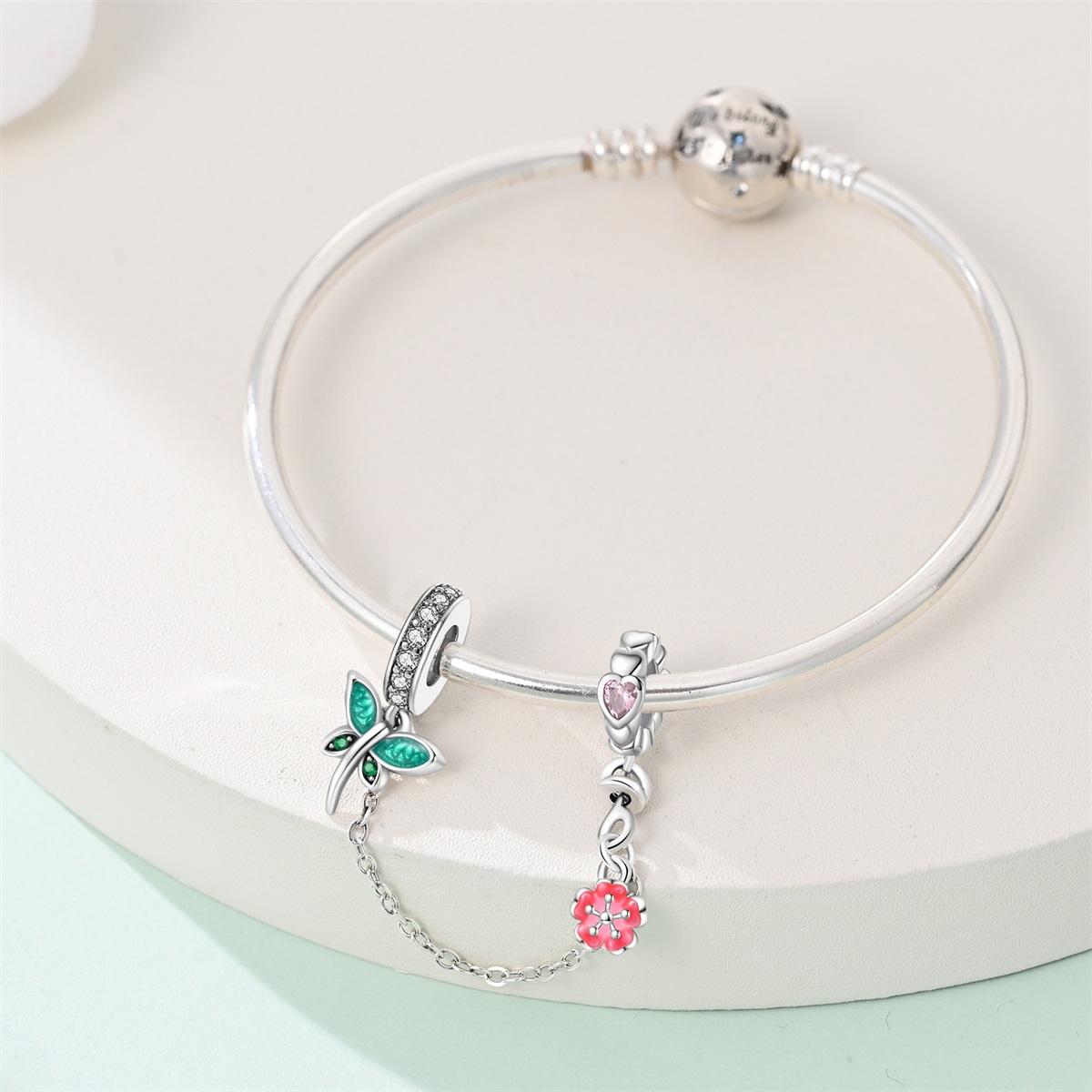 Single Piece Flower Safety Chain Charm, Dragonfly Cherry Blossom Arrow Design, Botanical Floral Jewelry for Pandora Bracelet