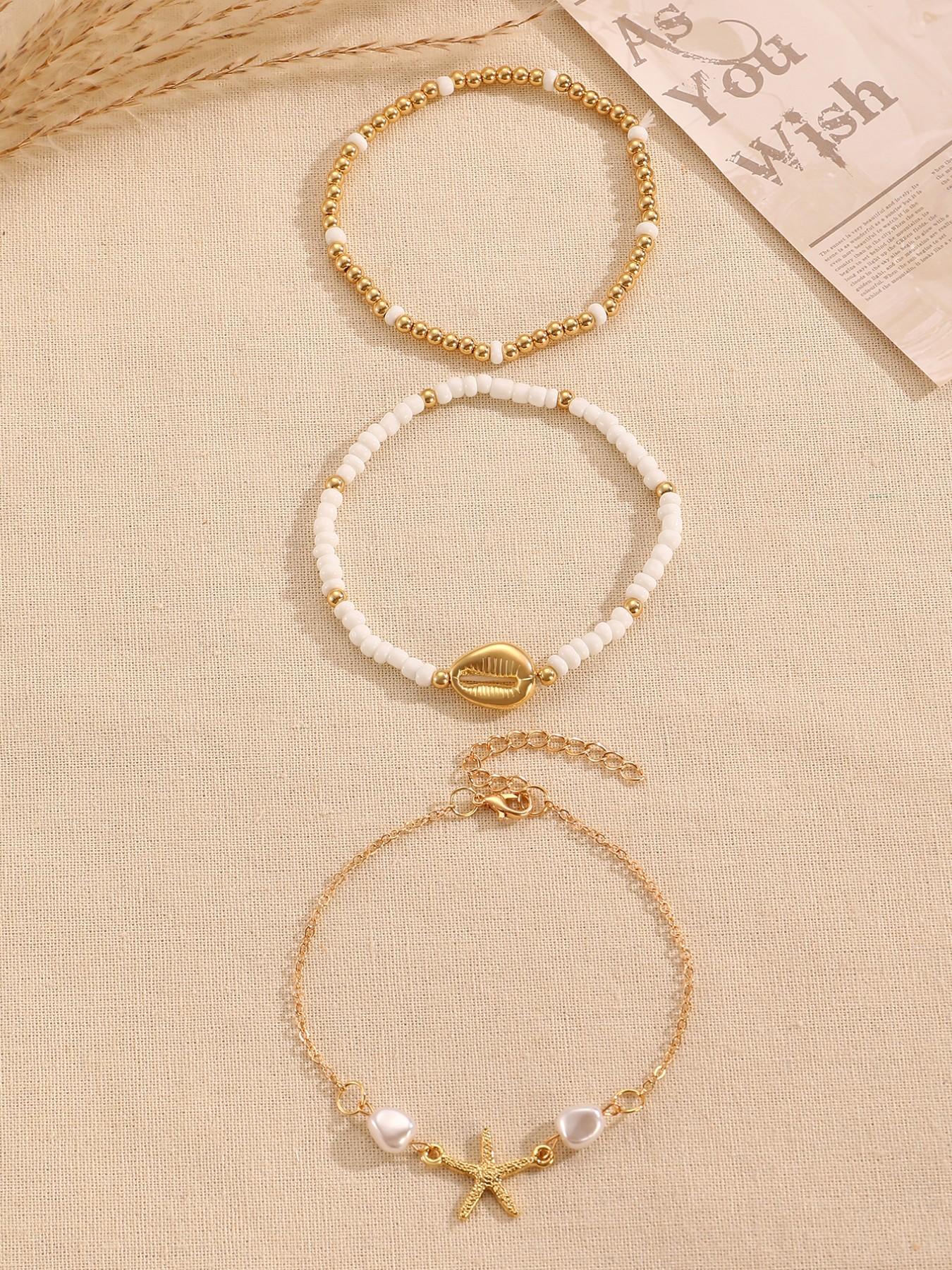 Three-Piece Summer Beach Anklet Set, Starfish Fish Shell Faux Pearl Design, Girl Jewelry, Fashion Accessory, Perfect for Daily