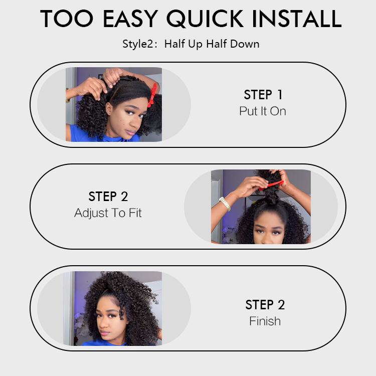 [Glueless Half Wig] QUANDIAN Kinky Curly Half Wig Wear Go Glueless Human Hair Wigs 200% Density Upgrade with Drawstring Cap Invisible Hairline Beginner Friendly