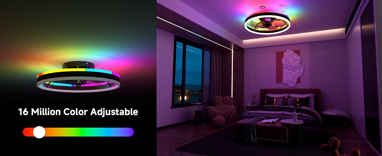 Smart RGB Ceiling Fan with Lights, 20" Modern Flush Mount Ceiling Fan Light, Dual Lighting Mode Low Profile LED Fan with Remote/APP Control, Works with Alexa & Google, for Bedroom Indoor Color Changing