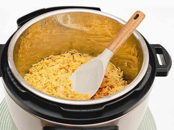 BADIANO Cooking Spoon and Rice Scooper for Nonstick Cookwares, Great for Cooking and Serving Durable BPA-Free Matte Silicone, Wood Handle Spoon for Mixing, Scoop, and Scrape