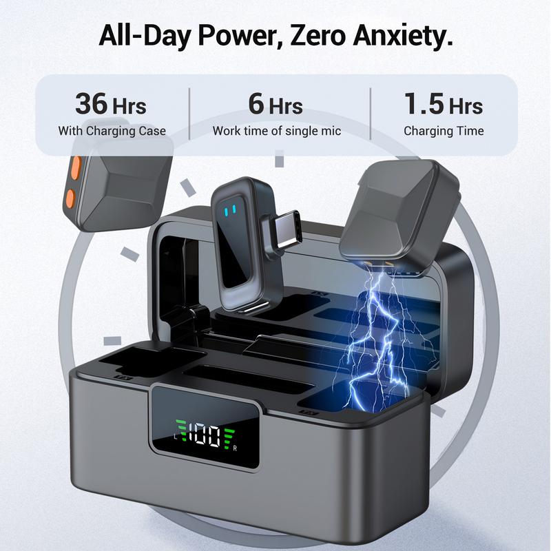 Wireless Lavalier Microphone, Rechargeable Wireless Mic for iPhone iPad Android, 36h Battery Life, Noise Cancellation, Clip-On Lapel Mic for Youtube, Video Recording, Vlog