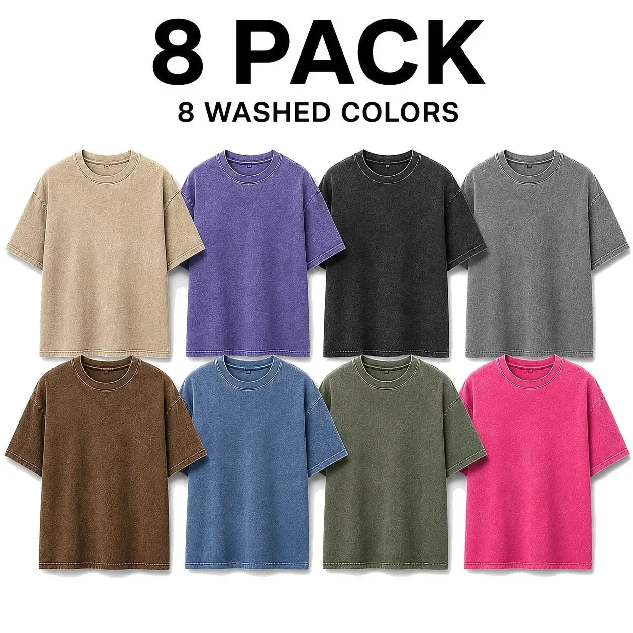 Men's 8-Pack Pure Cotton Solid Plain T-Shirts - Oversize Cut Loose-Fit Acid Wash Round Neck Short-Sleeve, Soft Retro Streetwear Menswear Tops, Foldable Summer Athletic Casual Basics, Black & Gray Gifting Tunics
