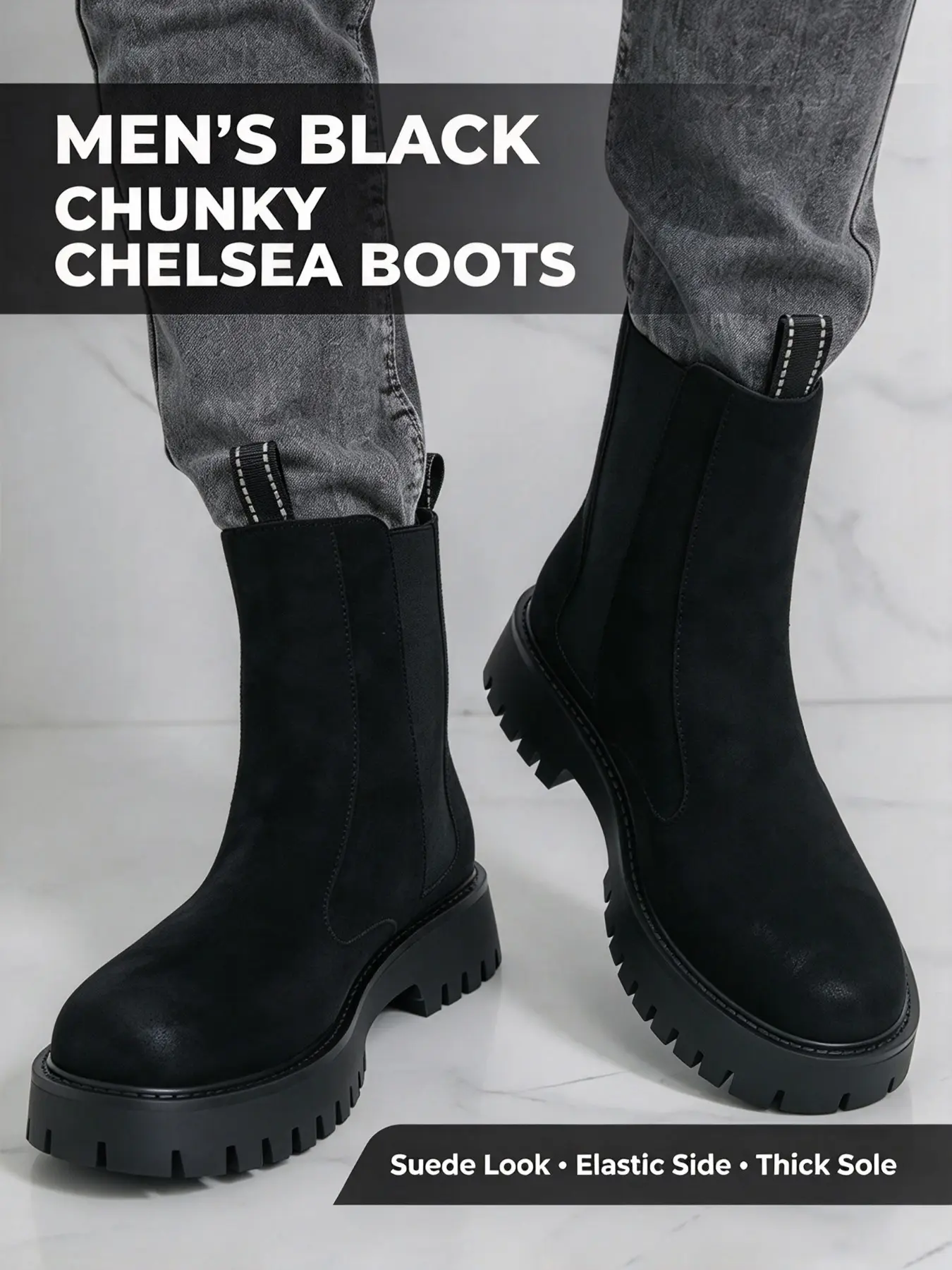 Pairs Men's Chunky Chelsea Boots, Suede Elastic Ankle Boots, Thick Sole ，Retro British Style, For Daily Commute & Street Wear