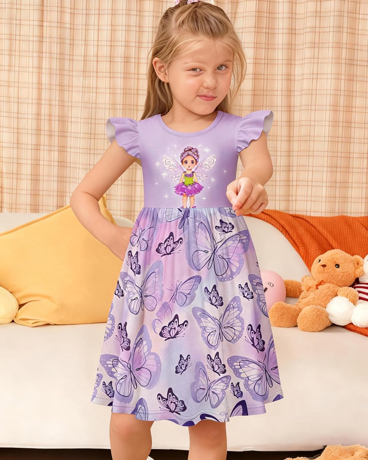 Girls Nightgown Pajama Dress, Toddler Princess Sleepwear with Flutter Sleeves, Soft Breathable Nightgown for Kids, Gentle Stretch