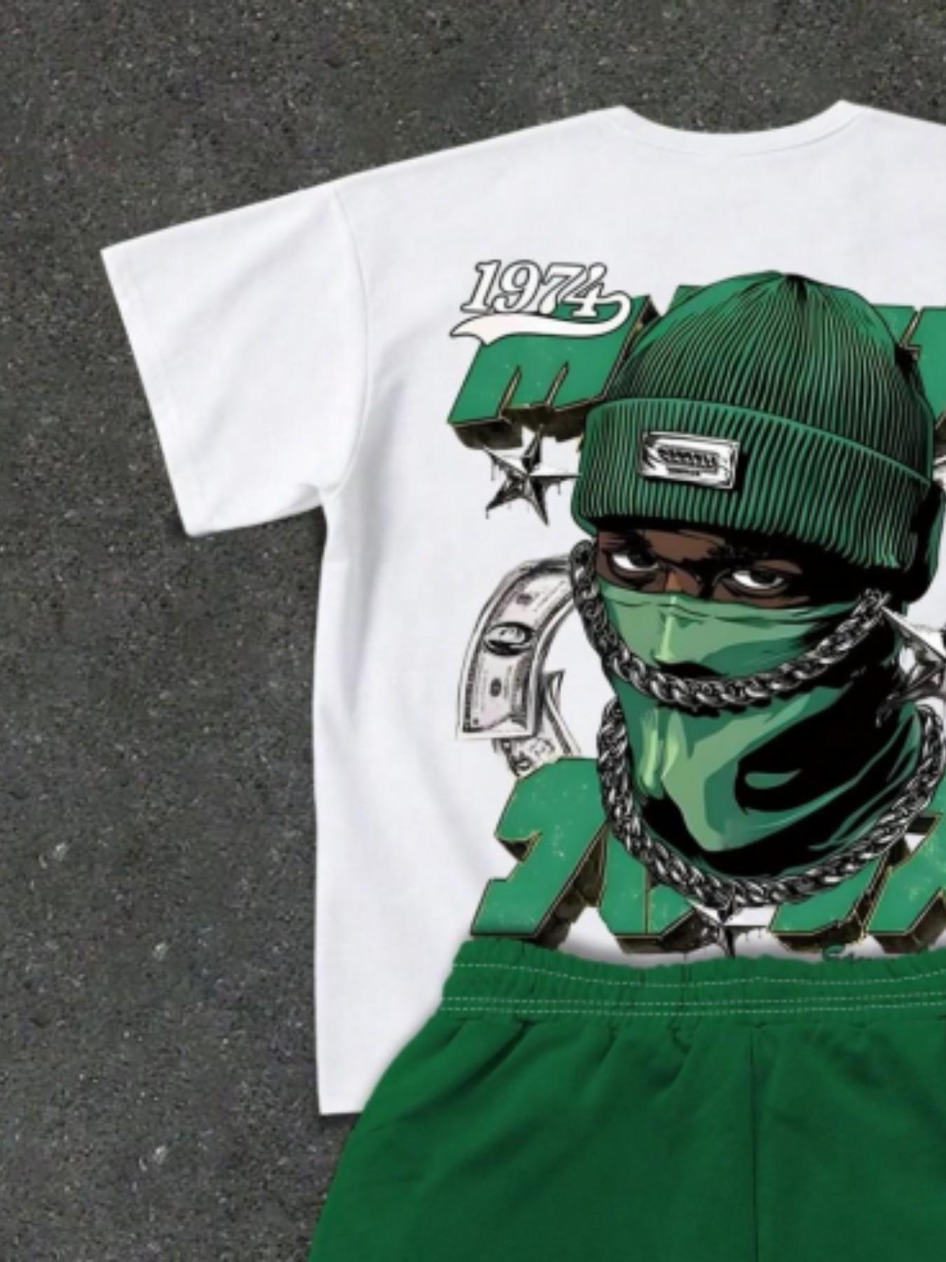 Men's Two-Piece Hip-Hop Set Outfit, Printed Short Sleeve + Drawstring Shorts, 5 Styles Summer Casual Sports, Loose-Fitting, All over Print
