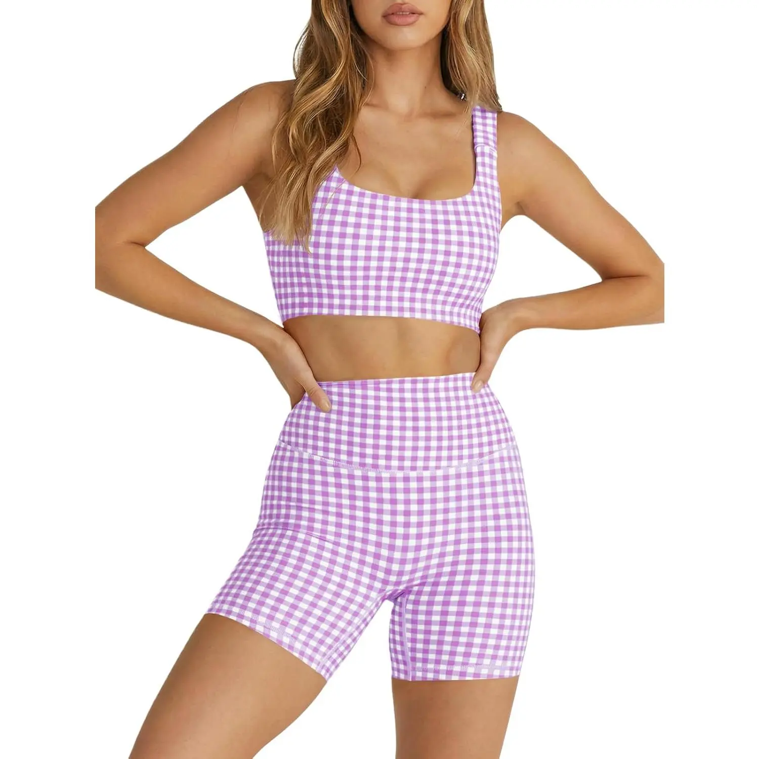 Aoysky Women's 2-Piece Gingham Workout Set - Padded Open-Back Crop Tank, High-Waist Sports Shorts, Women's Clothes, Open-Back Detail Flatters from Behind for Yoga, Two Piece Set