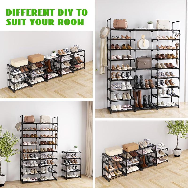 BULULUO 9 Tiers Shoe Rack Organizer, Black, 50-55 Pairs, Stackable Metal Shelf with Hooks for Entryway, Shoe Racks for Bedroom Closet