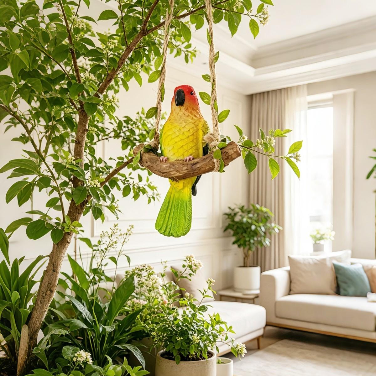 Colorful Bird Swing Decoration, Realistic Parrot Hanging Ornament, Resin Parrot Sculpture for Home Outdoor, Garden Decor Gift