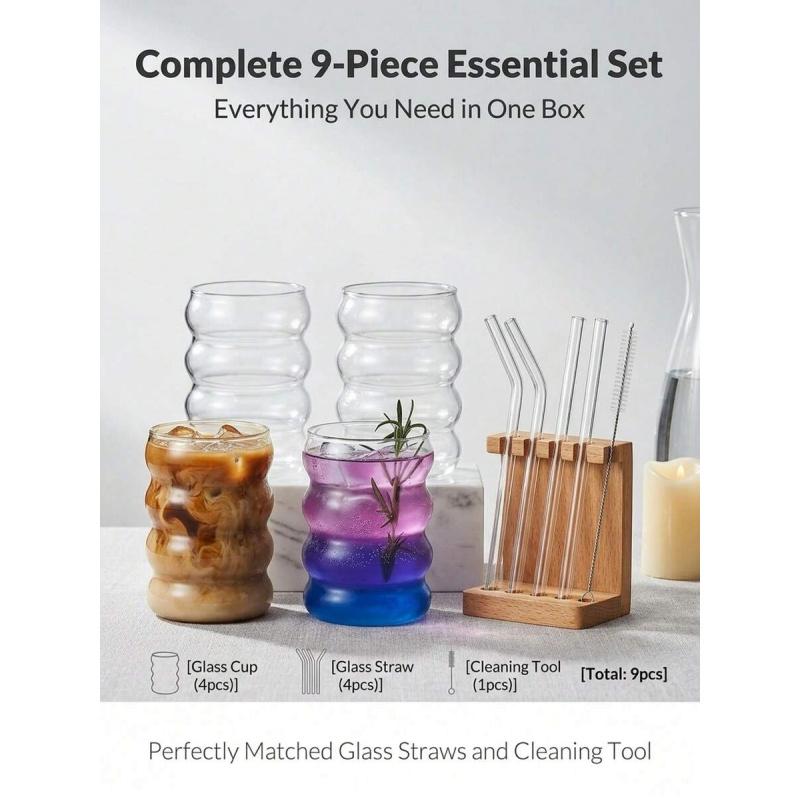 9 Piece Premium Clear Wavy Ripple Glass Tumbler Set Heat Safe Borosilicate Glasses Matching Glass Straw And Cleaning Brush, Drinkware
