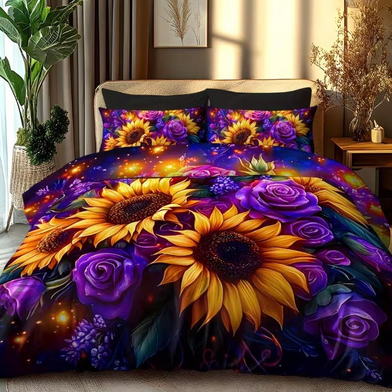 3pcs Bedding Set Sunflower Design, Decorative Bedding Set, Soft Bedding Sets, Soft Polyester Flannel Printed Duvet Cover Set, Suitable for Bedroom Hotel Valentine's Gift