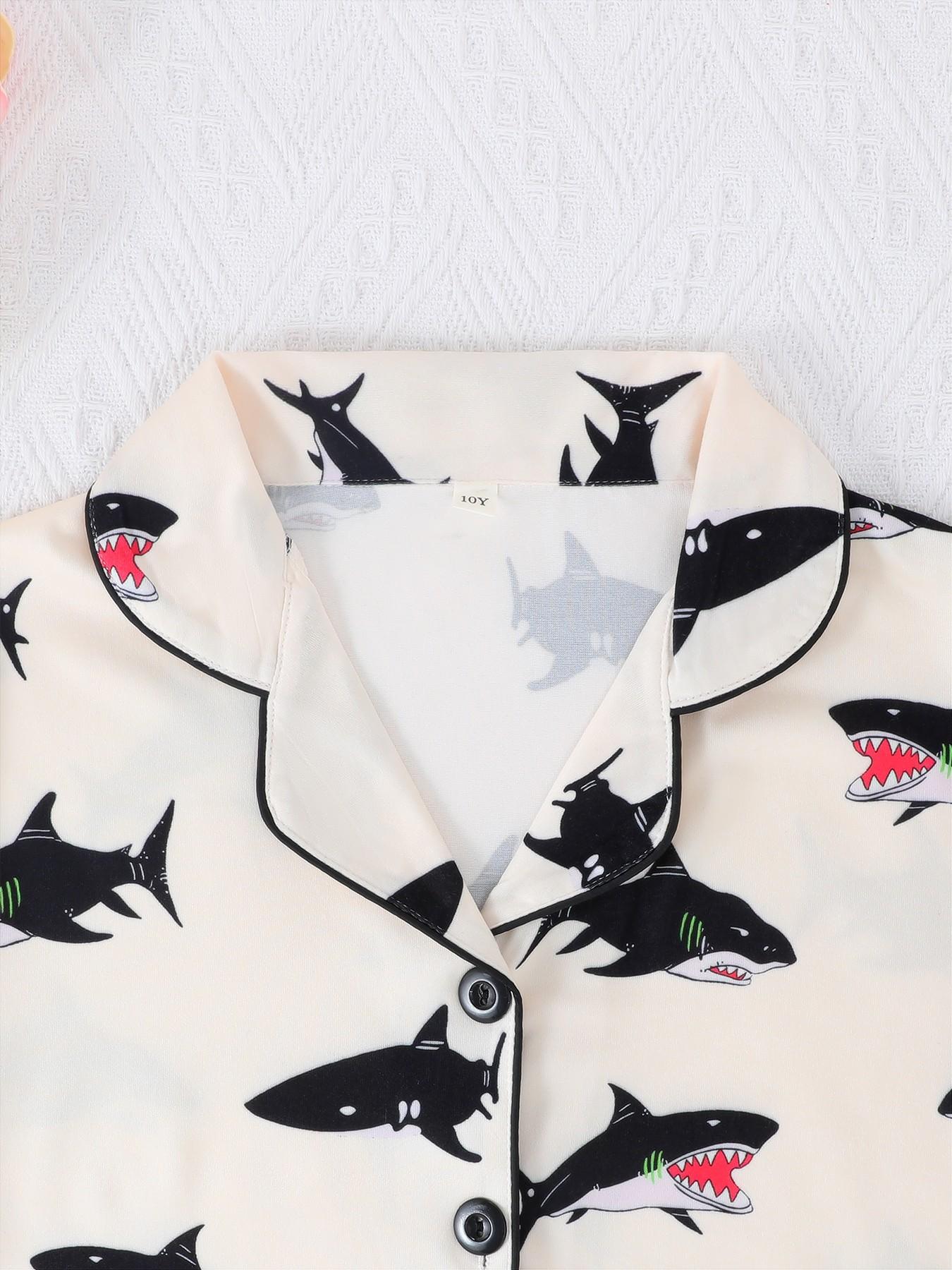 Kids Pajama Set, Cute Cartoon Shark Print, Short Sleeve Loose Fit, Fire-Resistant Knit Fabric, Spring Summer All Seasons