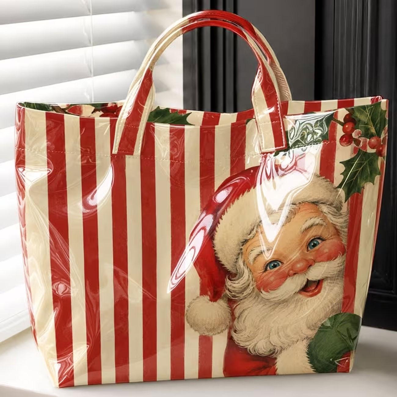Vintage Santa Claus Christmas Tote Bag, Striped Holly Print Large Capacity Shoulder Backpack, Perfect Gift for Work Beach Shopping