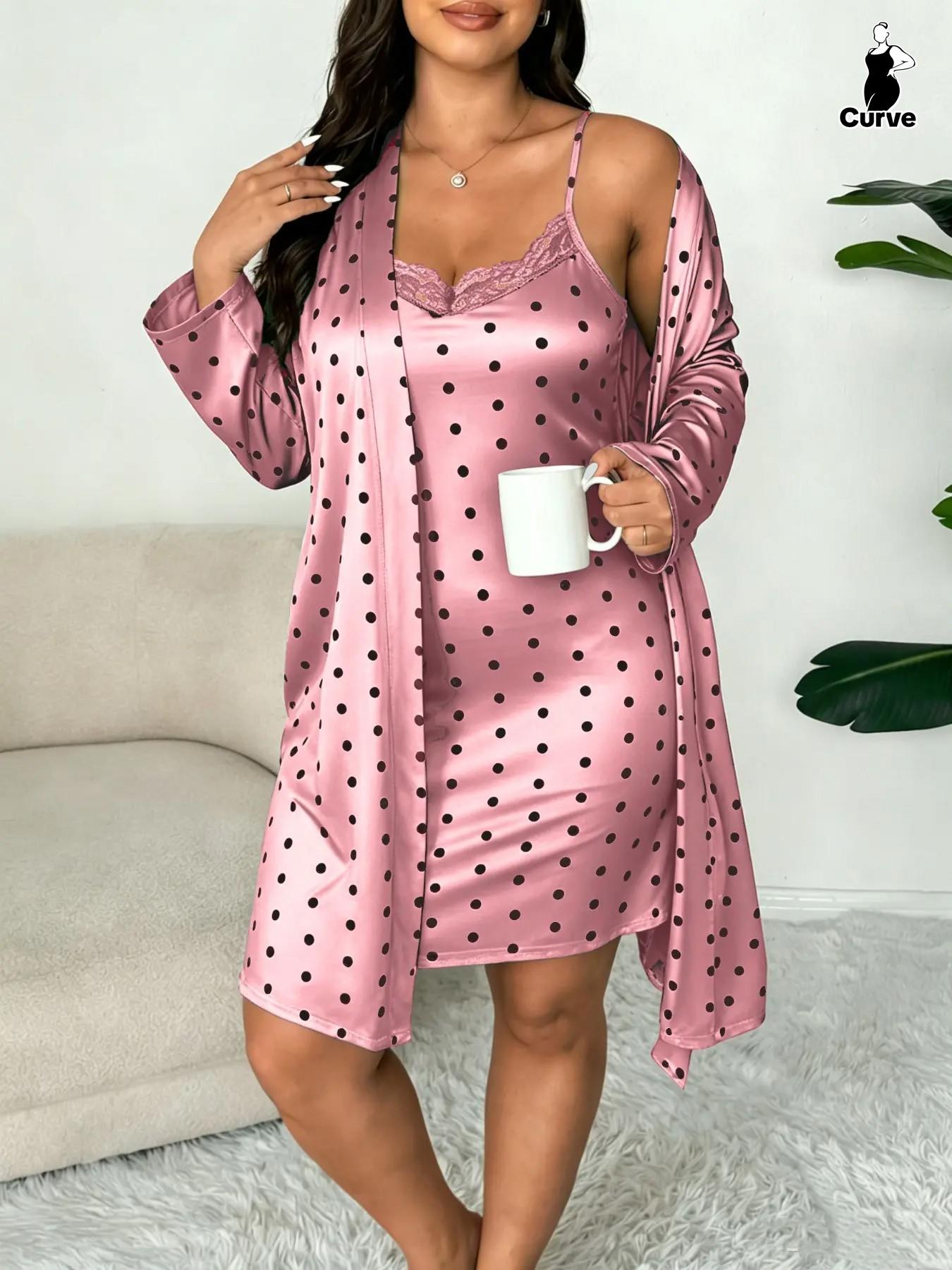 Plus Size Women's Nightwear Set, Floral Print Lace Nightdress + Long Robe, Comfortable Soft Home Sleepwear, Casual Fitted Style Plus Size Women's Nightwear Set, Floral Print Lace Nightdress + Long Robe, Comfortable Soft Home Sleepwear, Casual Fitted Style