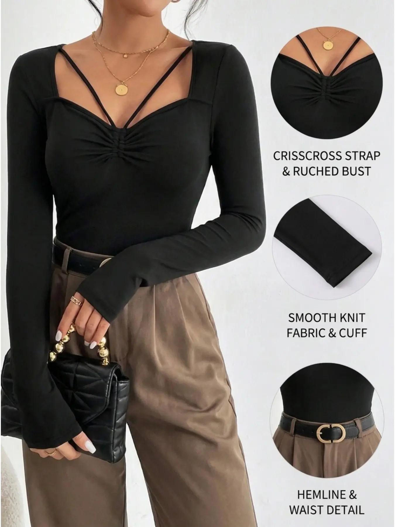 Women Solid Color Pleated Chest Cut Out T-Shirt Unique Trendy Design Comfort Stylish Casual Daily Wear Top Womenswear