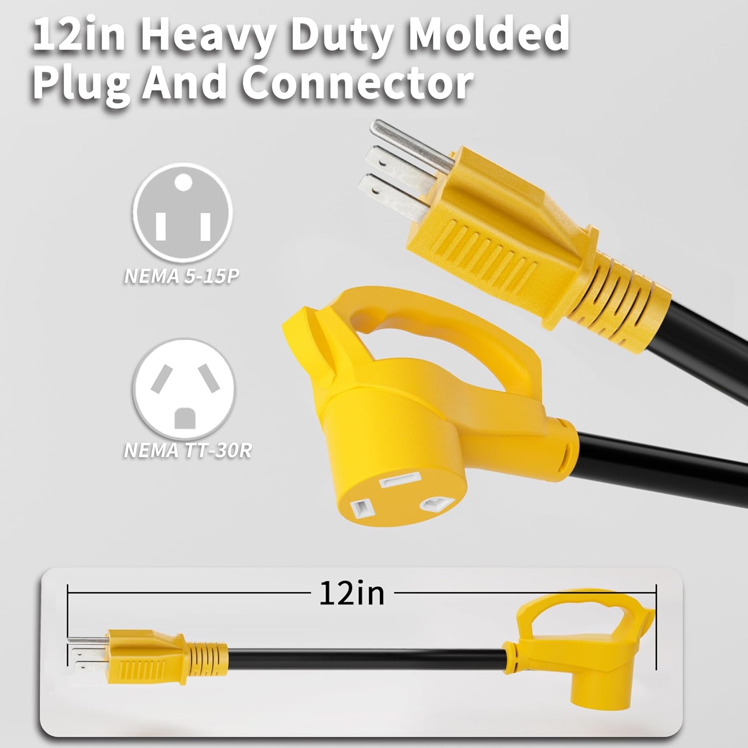 30 Amp to 110 Rv Adapter 3 Prong 12 Inch, NEMA 5-15P Male to NEMA TT-30R Female, Heavy Duty RV Electrical Adapter Cord for Camper, STW 10AWG 15A 125V 1875W, Yellow, ETL Listed