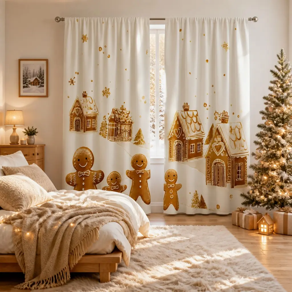 2-Pack Christmas Gingerbread Man & House Print Curtains, Soft Base with Cute Designs, Perfect for Festive Bedroom Decor