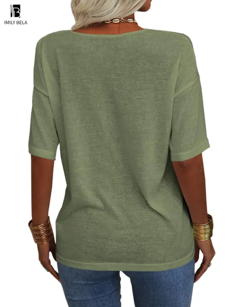 Women's Plain V Neck Drop Shoulder Tee, Casual Chic Minimalist Solid Color Half Sleeve T-shirt for Summer, Women's Basic Top for Daily Wear