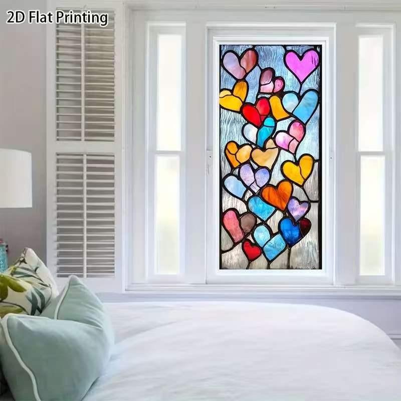 Vibrant Colored Glass Heart Window Sticker, Static Adhesive Frosted Privacy Film, Easy Install Removable PVC Decor, Ideal for Bathroom, Office, Windows