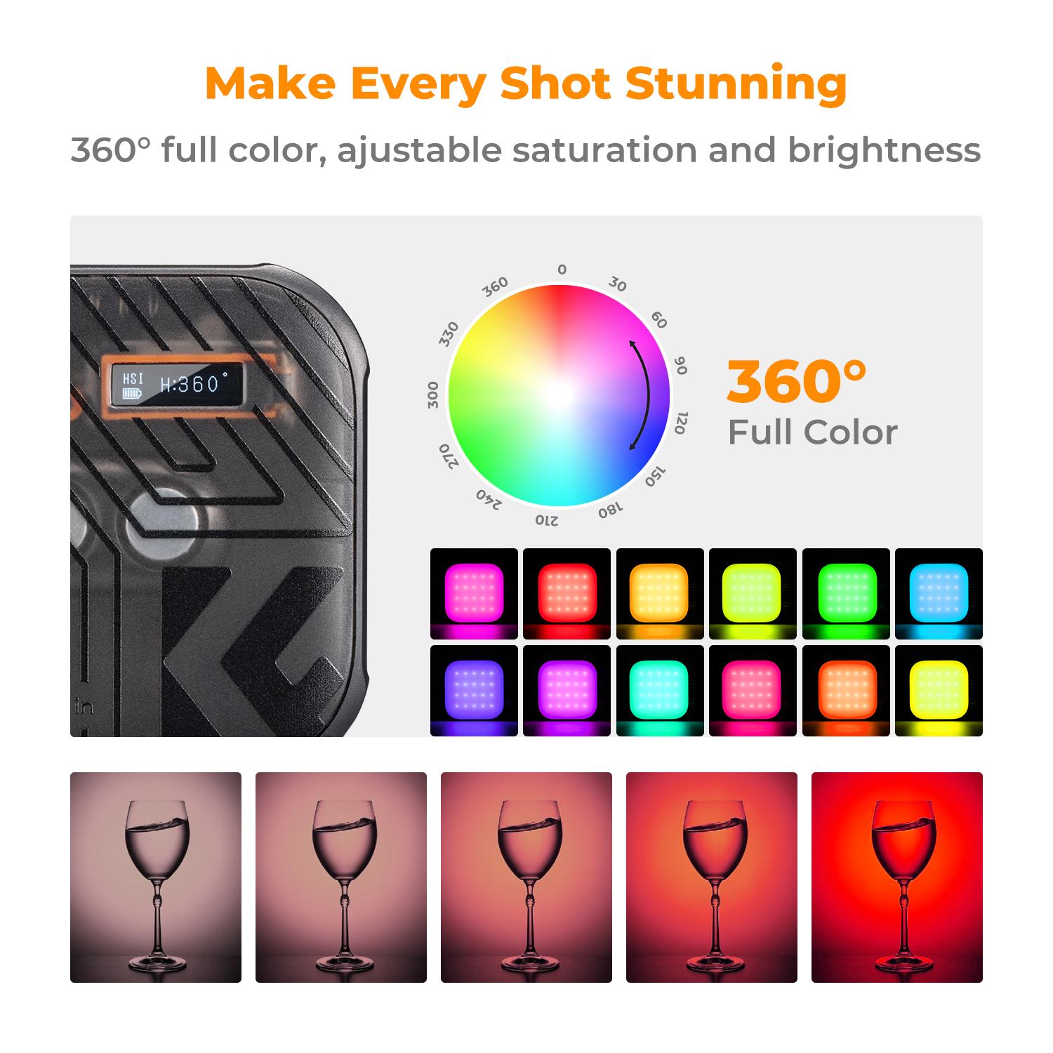 【K&F CONCEPT】RGB Video Light, 360° Full Color Portable Photography Light, LED Camera Light w 21 Light Effects, 2500K-9900K CRI 96+, 2000mAh Rechargeable Photography Lighting for Vlogging, Selfie.