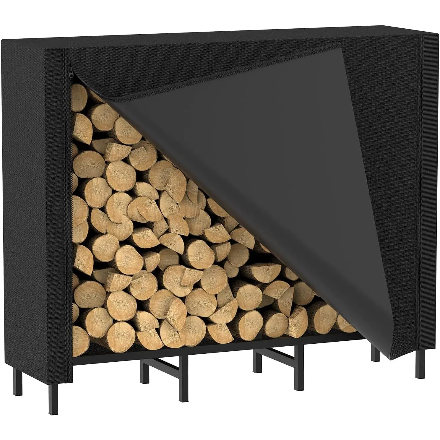 4ft Firewood Rack with Cover, Outdoor Firewood Log Rack for Fireplace, Indoor Firewood Storage, Heavy Duty Fire Wood Stand, Black
