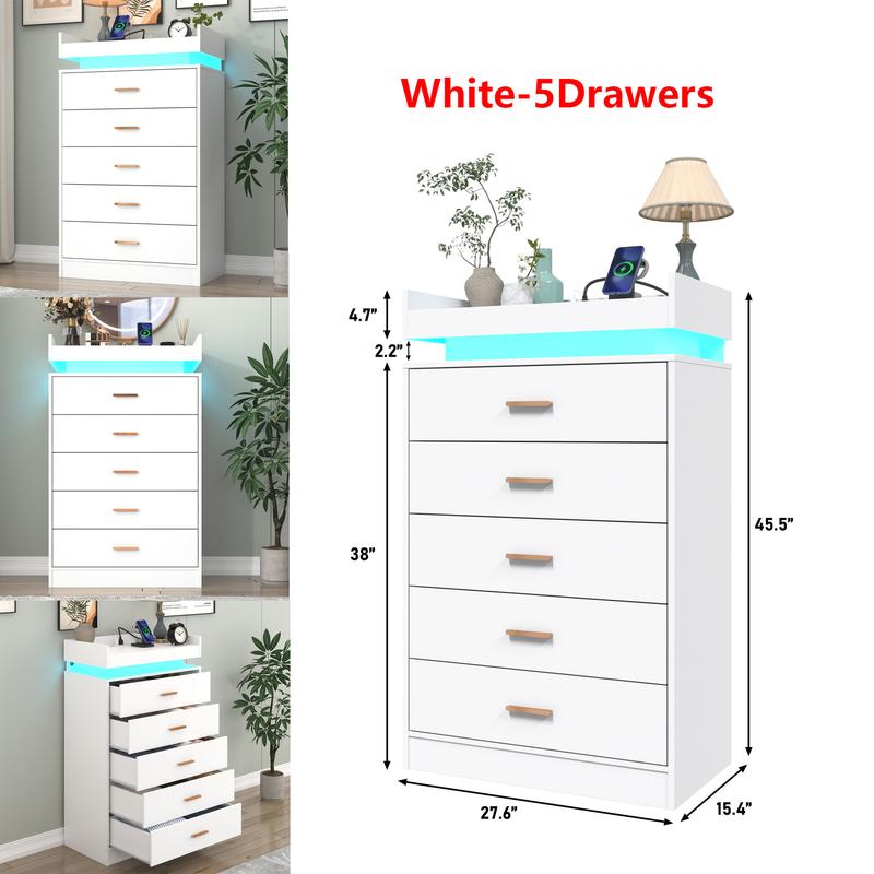 Dresser with LED Light, Modern Chest of Drawers for Closet, Wide Drawer Organizer Cabinet for Bedroom, Living Room, Entryway, Hallway, White/Black