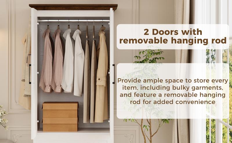 LIKIMIO Armoire Wardrobe Closet 70.9" H,with 2 Doors & 2/3 Drawers,Bedroom Wooden Wardrobe with 3 Hooks & Hanging Rod,Freestanding Closet System