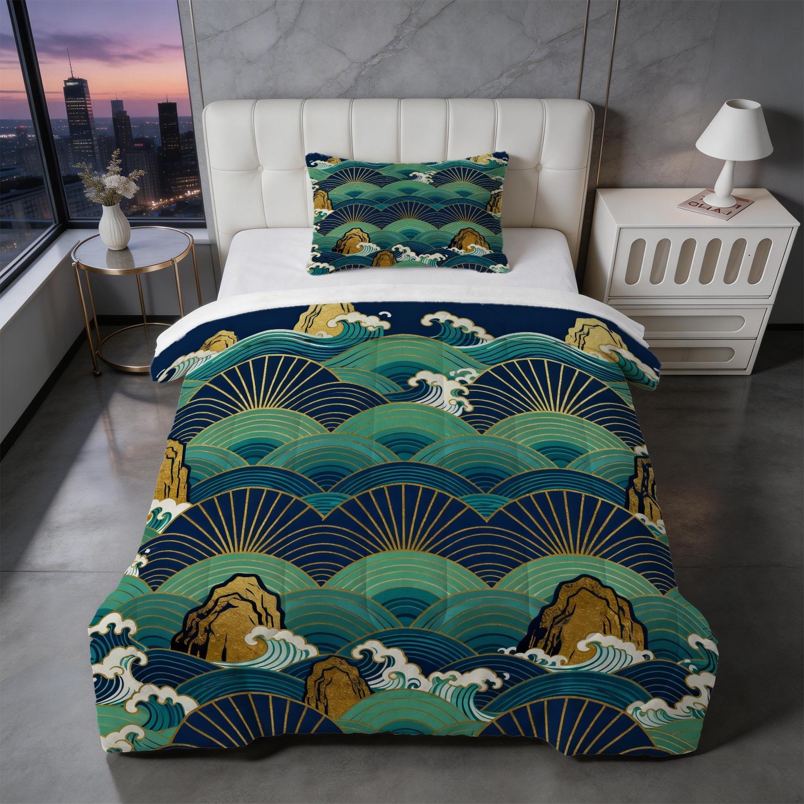 2/3 Piece Japanese Wave Sun Comforter Set | Gold Foil Great Wave HD Print Bedding Set | Soft Lightweight U-Quilted Quilt | For Bedroom Dorm (Pillows Not Included)