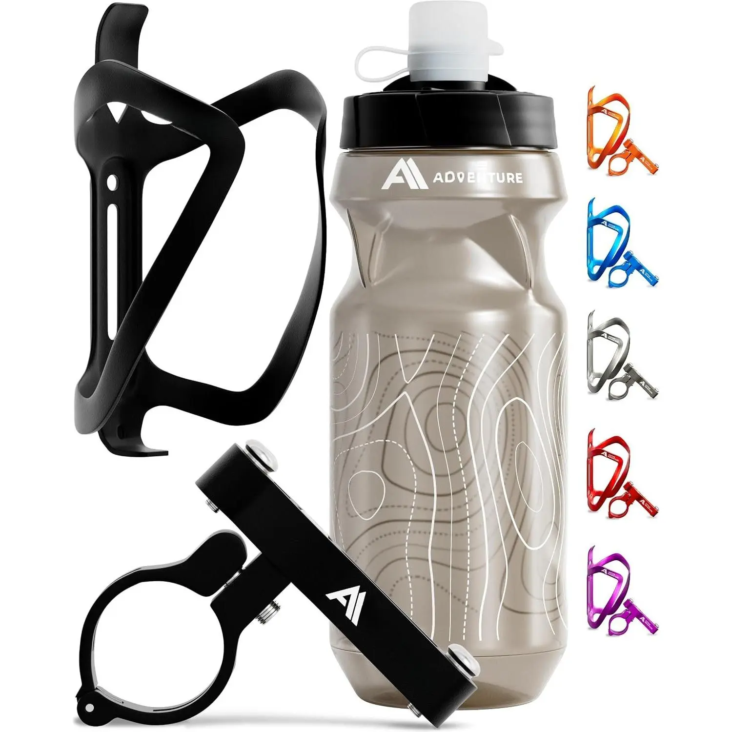 Motorcycle Water Bottle Holder Combo - Adjustable 20oz Squeeze Bottle & Durable Alloy Mount Cage Rack, No Screws Needed, Holds Tight for Mountain Bike & Cycling Bike Adults (Black), Secure Grip