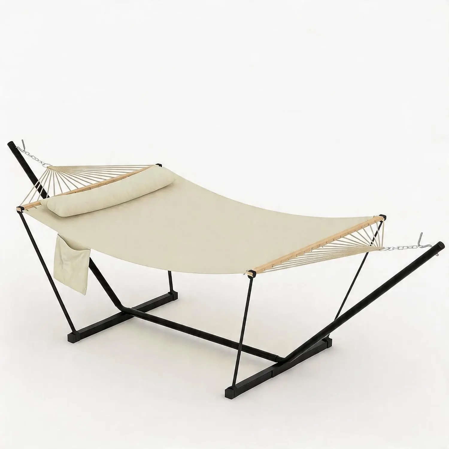 Heavy Duty Double Hammock with Adjustable 12FT Steel Stand, Flat Wooden Frame, Spreader Bar, Detachable Pillow – 2 Person Portable Outdoor Swing Bed, 500lbs Capacity – Ideal for Patio, Garden, Backyard, Beach