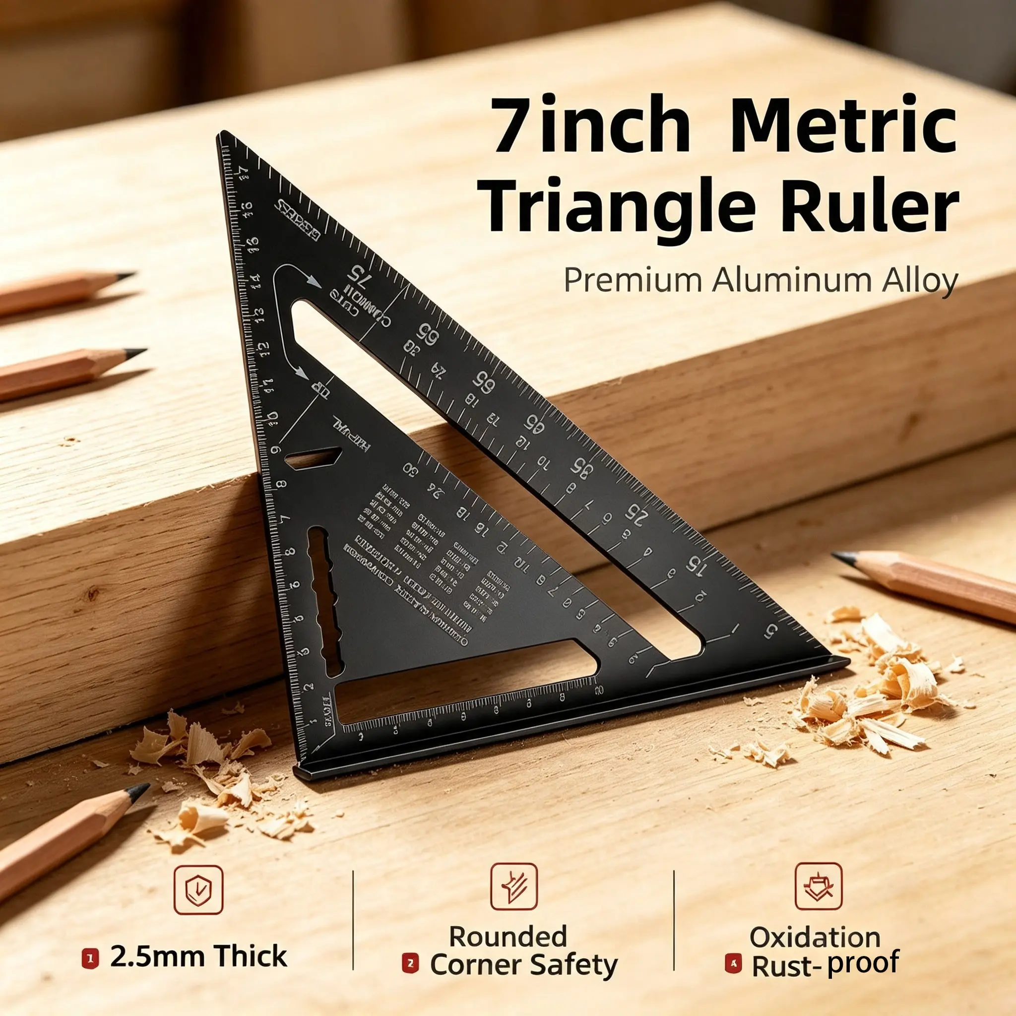 High Precision 7 Inch Thick Aluminum Triangle Ruler, 2.5mm Thickness, 90 Degree Right Angle Tool, Woodworking Marking Metal Measurement Instrument