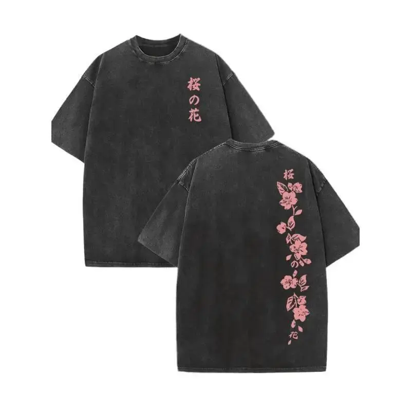 Women's Retro Washed Black Crewneck Short-Sleeve T-Shirt with Double-Sided Sakura Cherry Blossom Floral Print