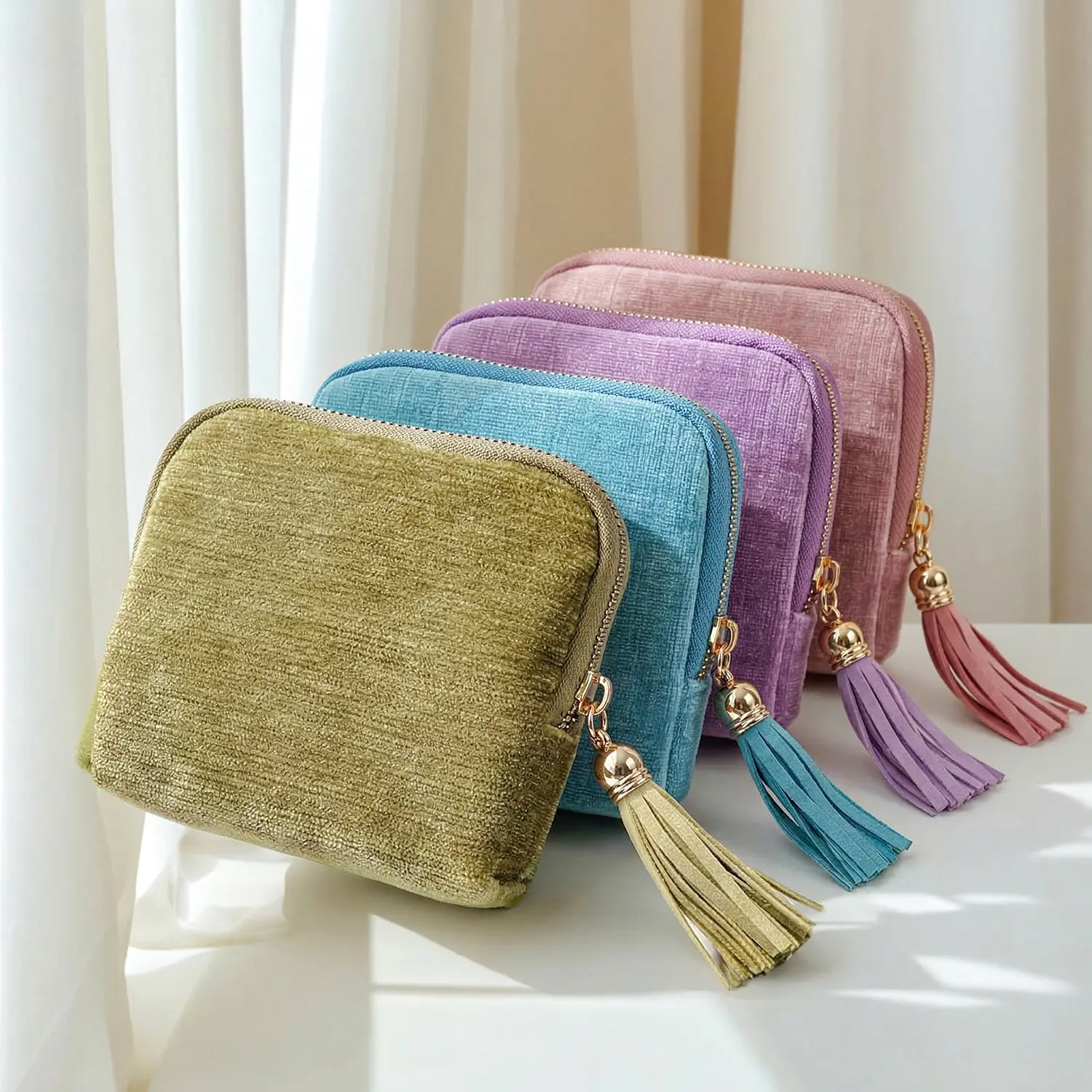 Compact Portable Travel Jewelry Organizer Bag with Tasseled Closure, Zip Pockets, 5 Compartments, Soft Velvet Satin Lining for Rings, Earrings, Bracelets, Necklaces