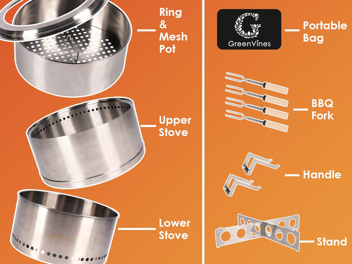 Fire Pit,Smokeless-Fire-Pit， 304 Stainless-Steel-Firepit ，Portable Outdoor Pits with Stand for Camping ，Bag & Sticks & Holders ，Solo Wood Burning Bonfire ，Low Smoke Stove