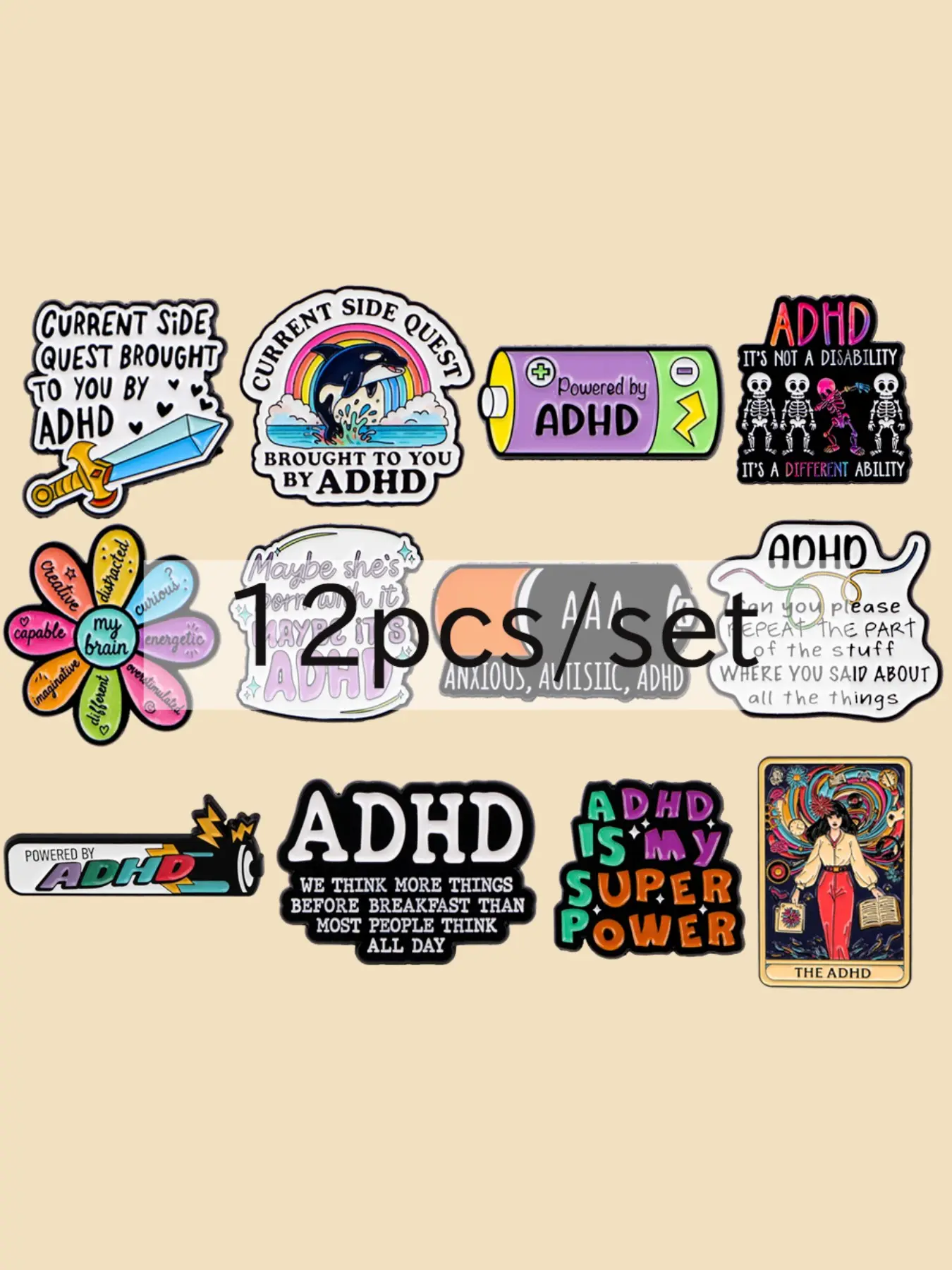 12pcs/set ADHD Enamel Pins, Creative Cartoon Zinc Alloy Badges, Backpack Hat Clothing Accessories, Personalized Social Gifts