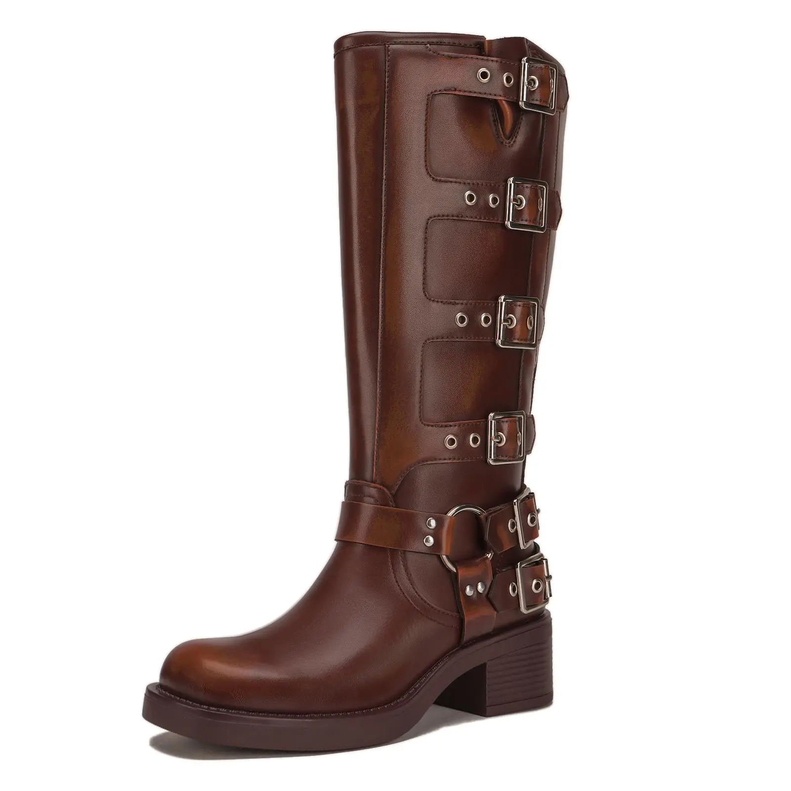Athlefit Women's Wide Calf Knee-High Riding Boots - Fashion Adjustable Metal Buckle, Square Toe, Chunky Heel Biker Footwear, Comfortable Brown Leather Walking Shoes