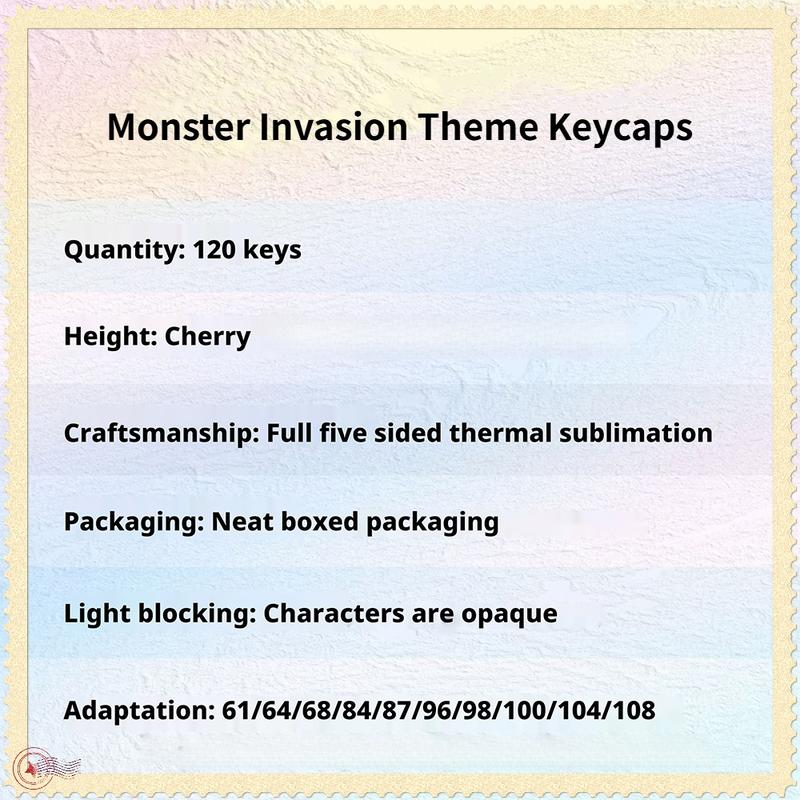 New Monster Invasion Theme 120 Key Pbt Keycaps, Cherry High Profile Design, Full Color Hot Foil, Durable Anti-Grease, Fits 61-108 Keys Mechanical Keyboard
