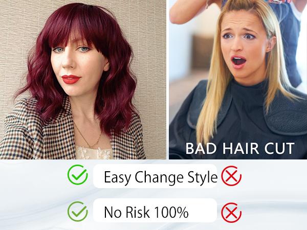 [ AISI HAIR ] Curly Bob Wig with Bangs Short Wavy Wine Red Color Wigs for Women Bob Style Synthetic Heat Resistant Bob Wigs