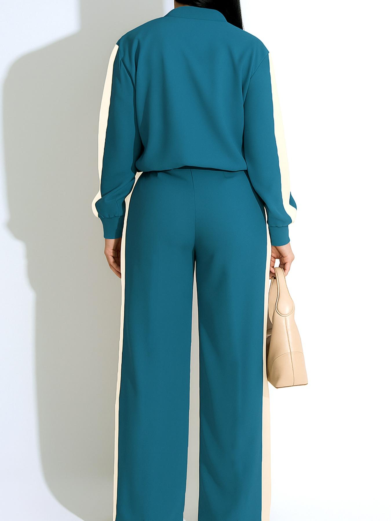 Women's 2-Piece Colorblock Fitted Zipper Jacket & Wide-Leg Pants Set, Casual Streetwear, Daily Commute Fashion, Trendy Women's Clothing