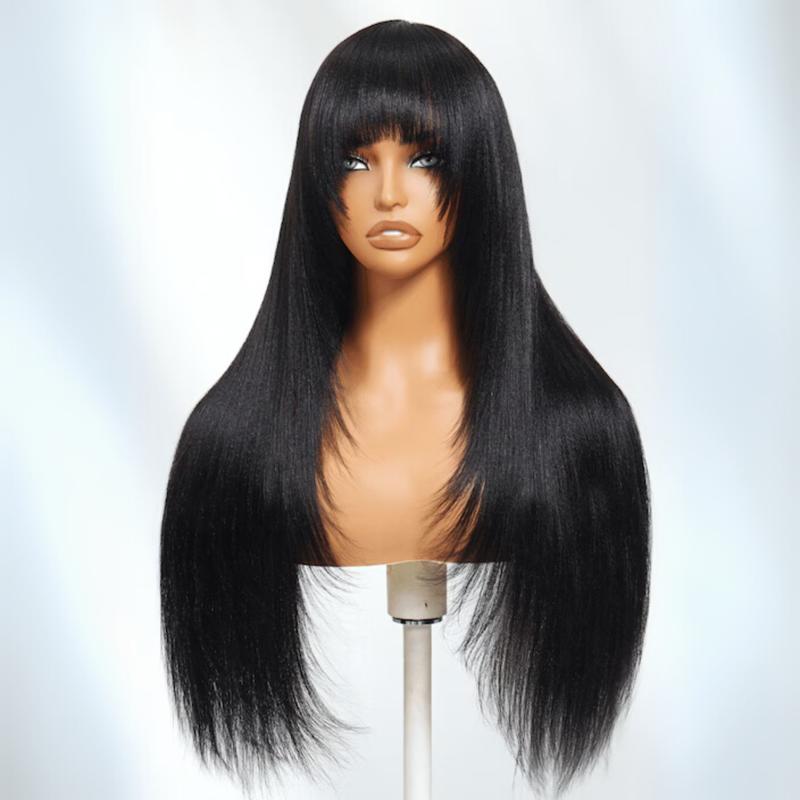 Sunber Yaki Straight Layered Wig with Bangs Glueless Human Hair Wig Put On and Go Wig Beginner Friendly Classic Cap