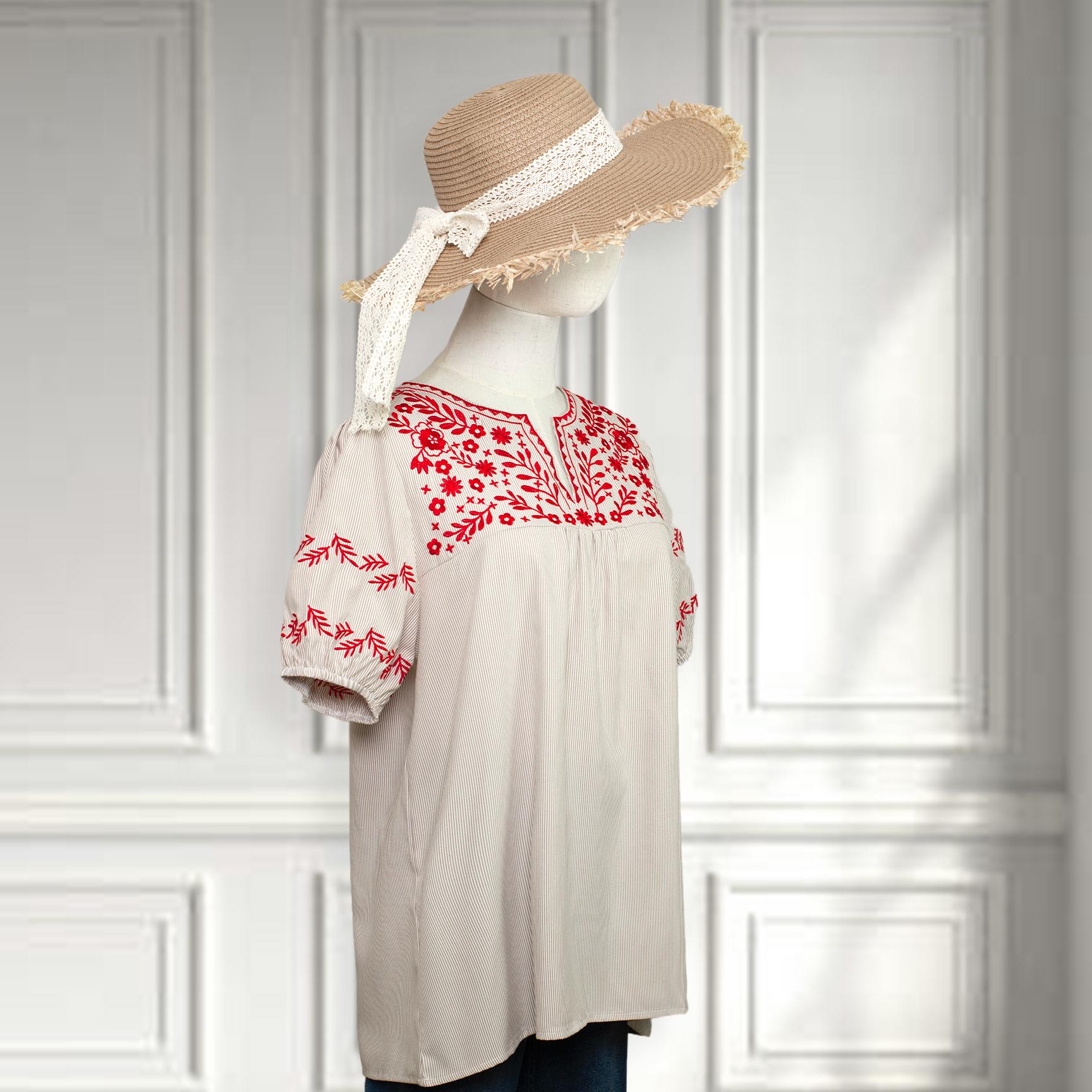 SageVell Boho Striped Blouse with Delicate Red Floral Embroidery, Puff Sleeves & Chic V - Neck, Feminine Cute Blouse Women's Top Shirts Medium