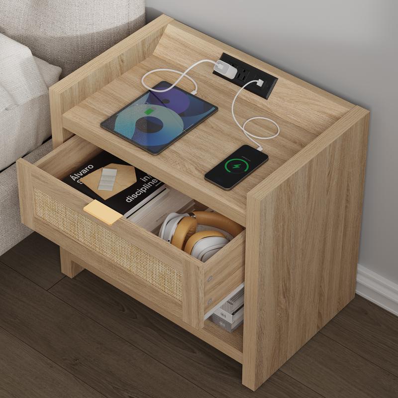 SICOTAS Night Stand Bed Side Table Set of 2- Rattan Nightstand with Type-C Charging Station, Drawer Storage End Table - 15.4" x 23.6" x 22.1" Size Boho Bedside Stand Night Stands for Bedroom Living Room Sofa Couch Office, Durable