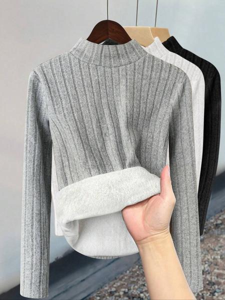 Women's Fall Winter Fashion Slim Fit Thermal Long Sleeve Tops Set, Casual Round Neck Fleece Lined Pullover, 3 Piece