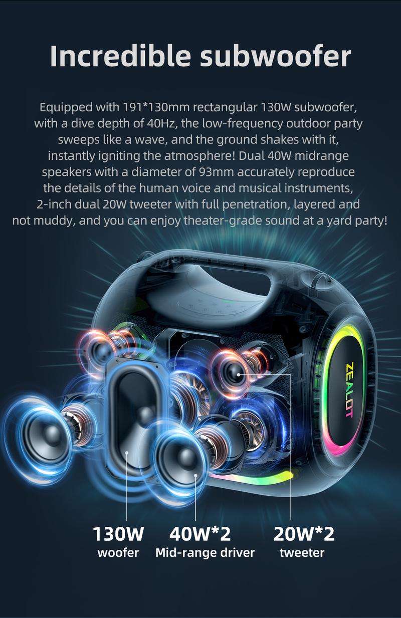 250【ZEALOT】Portable wireless speaker high ,fidelity sound and audio, desktop Bluetooth speaker surround sound, TWS pairing, 48000 long battery life, supports USB/TF card/AUX/BT smartphones. Ideal choice for family/car/party/camping/gift giving