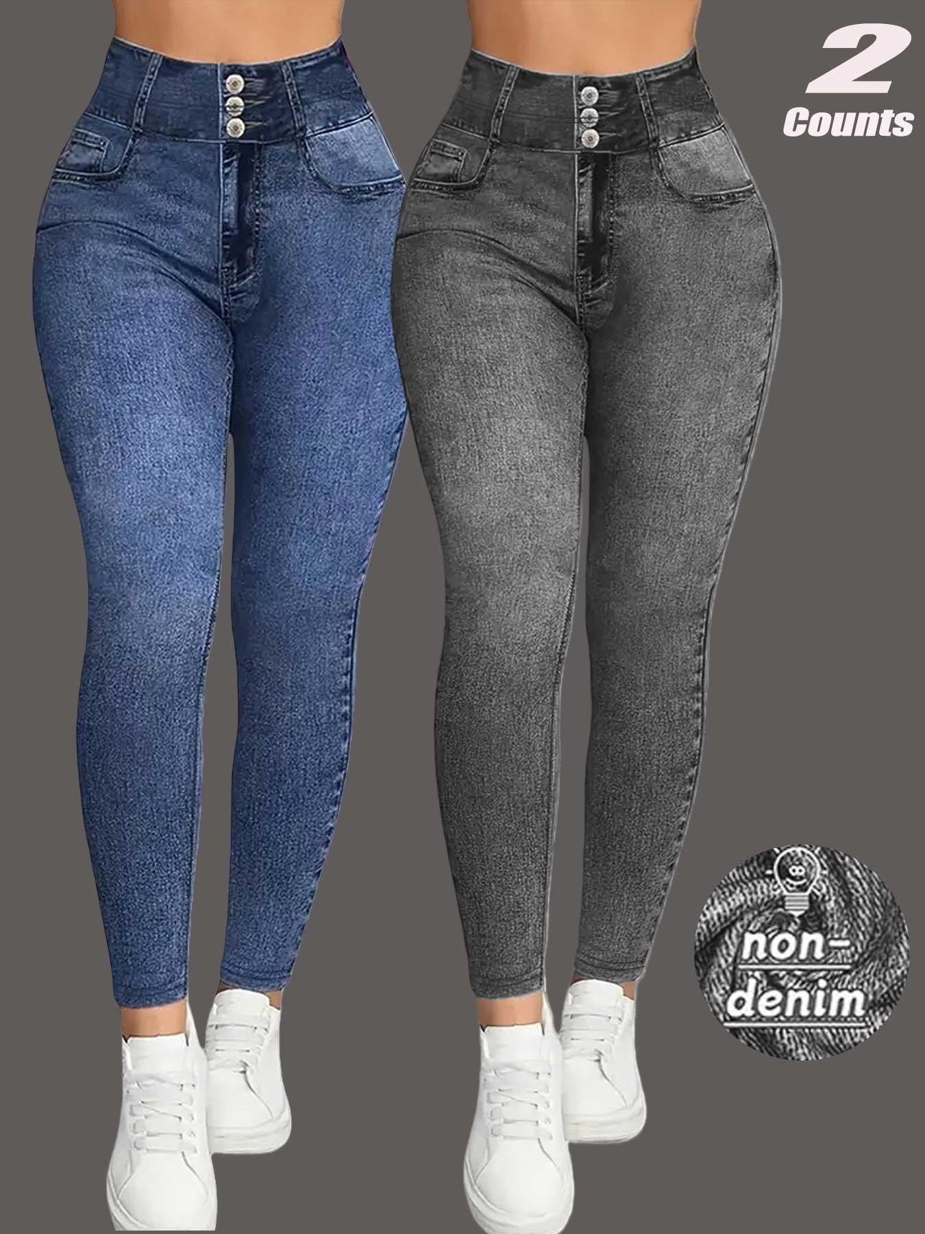Women High-Waisted Stretch Denim-Style Pants, All-Seasons Slim-Fit Leggings, Breathable & Comfortable, Casual Sporty Style,faux denim fabric Women High-Waisted Stretch Denim-Style Pants, All-Seasons Slim-Fit Leggings, Breathable & Comfortable, Casual Sporty Style,faux denim fabric