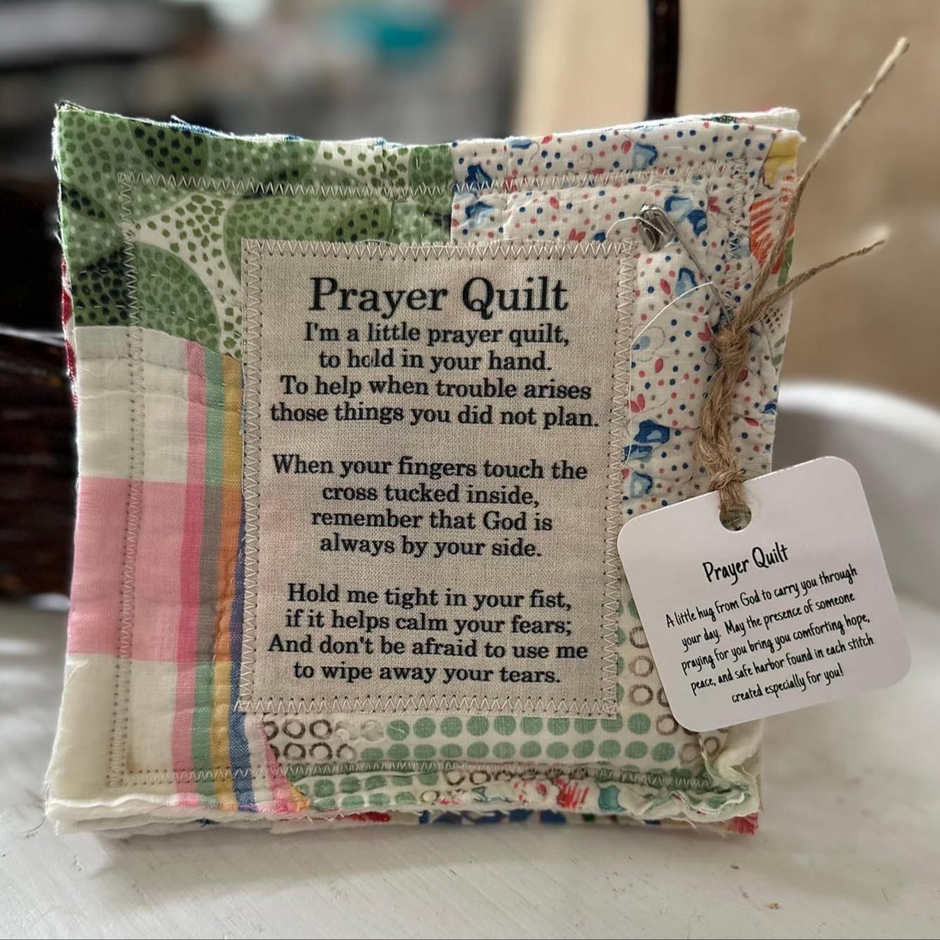 Vintage Prayer Blanket Square with Cross Inside, Mini Handmade Quilt, Colorful Stitched Blessing Poem Throw, Home Decor Gift Idea # GLOBAL PICKS