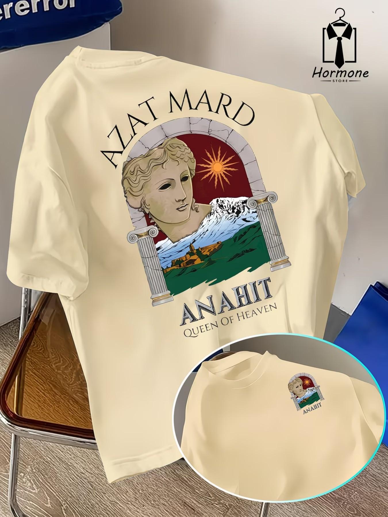 Artistic Greek Mythology T-Shirt, Azat Mard & Anahit Print, Casual Round Neck, Fitted Long Sleeve, Polyester Material