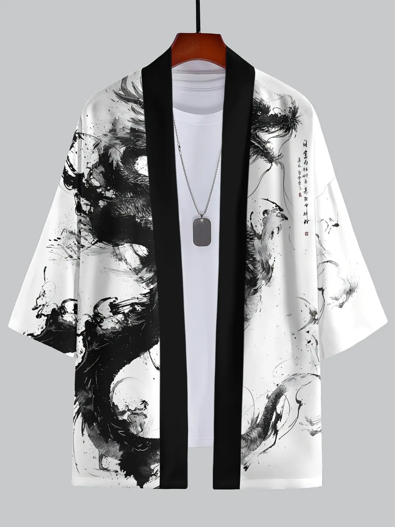 Traditional Ink Dragon Robe, Eastern Art Style, Smooth Ice-Like Fabric, Unisex Long Kimono-Style Cardigan Jacket, Casual Loose Fit, Halloween