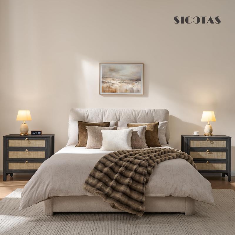 SICOTAS White Night Stand with Drawers - 15.55"D x 26.78"W x 25.67"H Rattan Bedside Table with Golden Handle, 3 Drawers Nightstand Side Table Boho Nightstand for Bedroom, Perfect for Any Bedroom, Durable and Stable