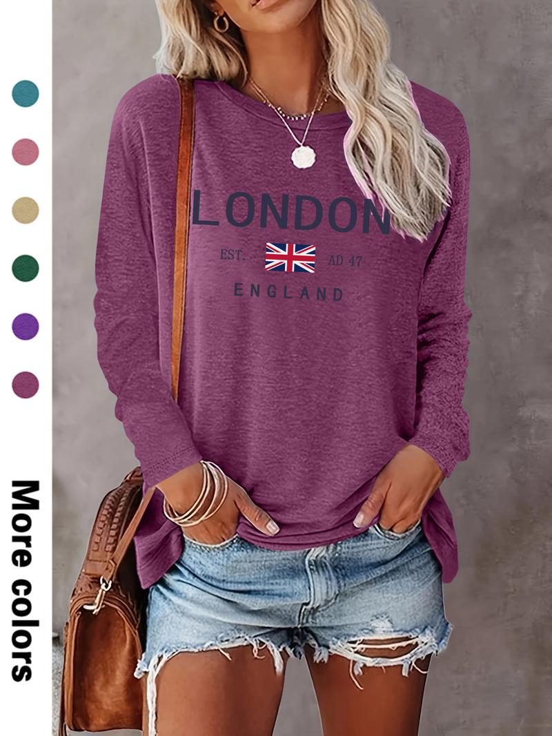 Women's Casual Letter Print Long Sleeve Round Neck Basic Thin Top, Available in 10 Colors, Perfect for Fall & Winter Fashion